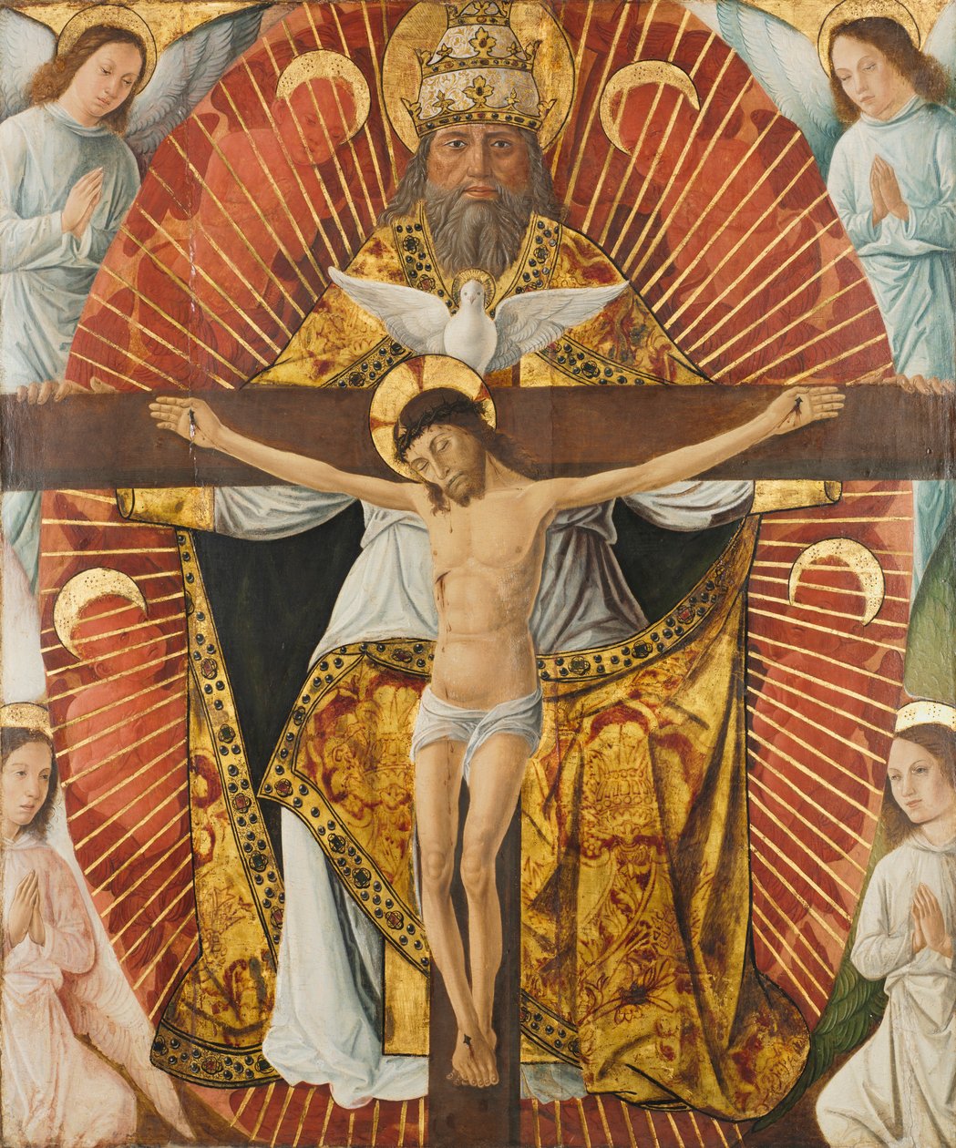 The Trinity, c. 1460.    1135830   no       norwegian Successfully Translated  Original: ""Un ange couronne embrassant un homme"" Page enluminee tiree du manuscrit ""Le Roman de la Rose"" de Guillaume de Lorris (vers 1200-1238) et Jean de Meun (Meung) (124 av Laurent Girardin