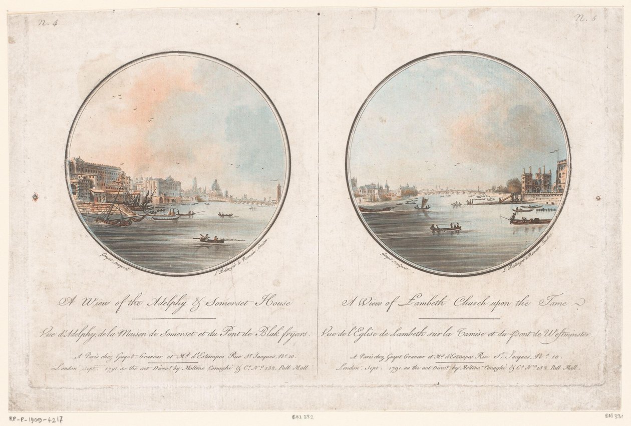 Utsikt over Adelphi og Somerset House fra Themsen og utsikt over Lambeth Church fra Themsen En utsikt over Adelphy & Somerset House (tittel på objekt) En utsikt over Lambeth Church upon the Tames (tittel på objekt) Utsikt over London (serietittel) av Laurent Guyot