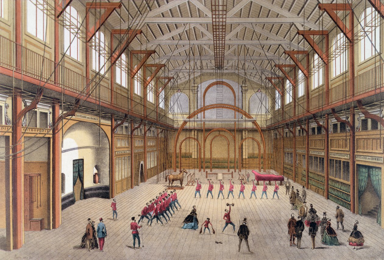 Gym i rue des Martyrs, Paris, grunnlagt av Eugene Paz i 1866 (farge litho) av Laurent Victor Rose