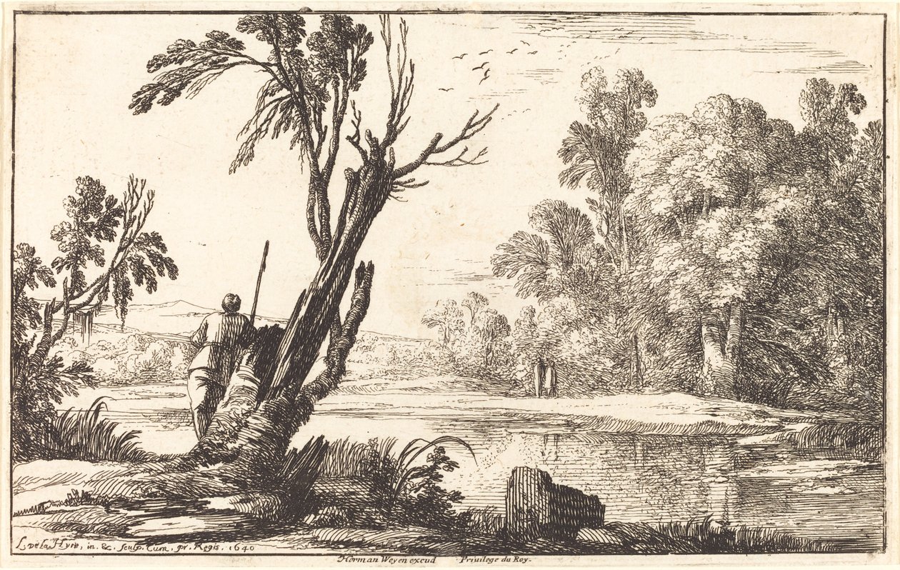 En mann som stirrer over en stille dam av Laurent de la Hyre