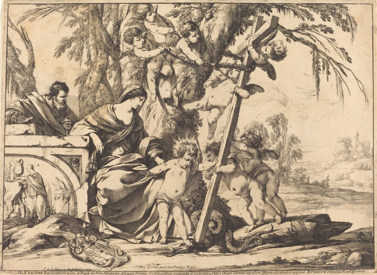 Hellig familie med engler og korset, knuser en slange av Laurent de la Hyre