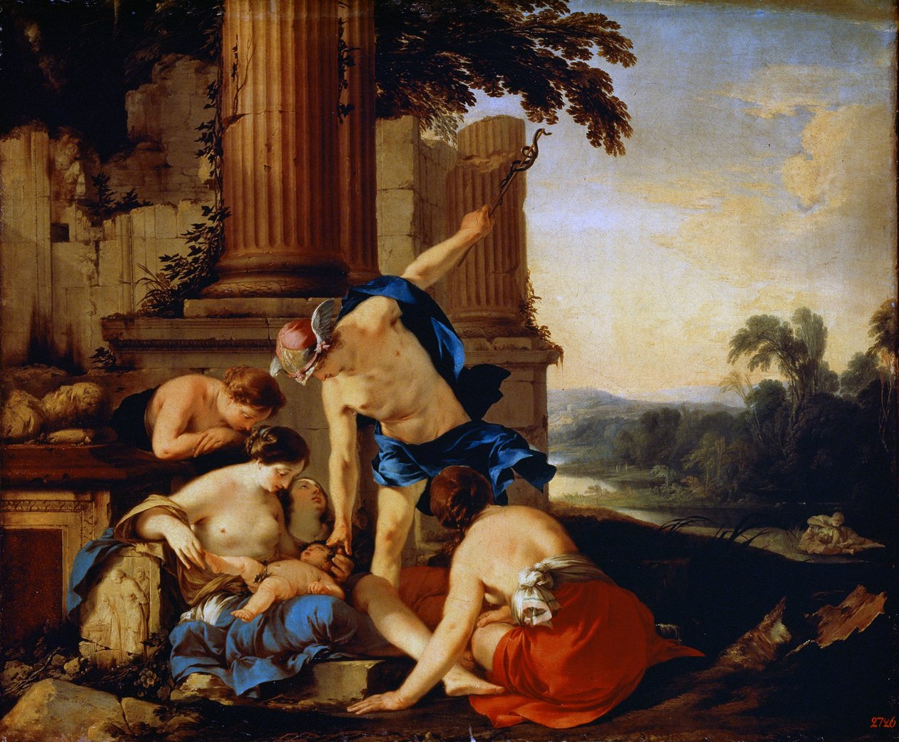 Merkur gir barnet Bacchus til nymfene i Nysa, 1638. av Laurent de la Hyre