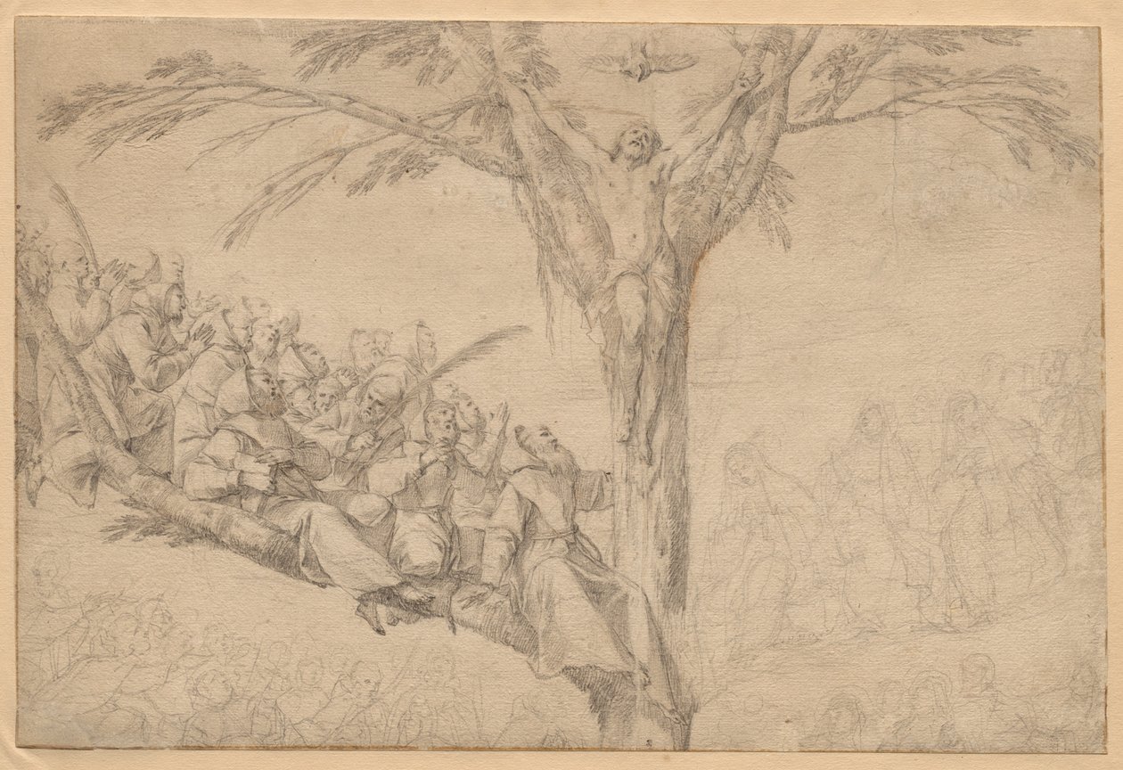 Den korsfestede Kristus som livets tre med munker og nonner, ca. 1639. av Laurent de la Hyre