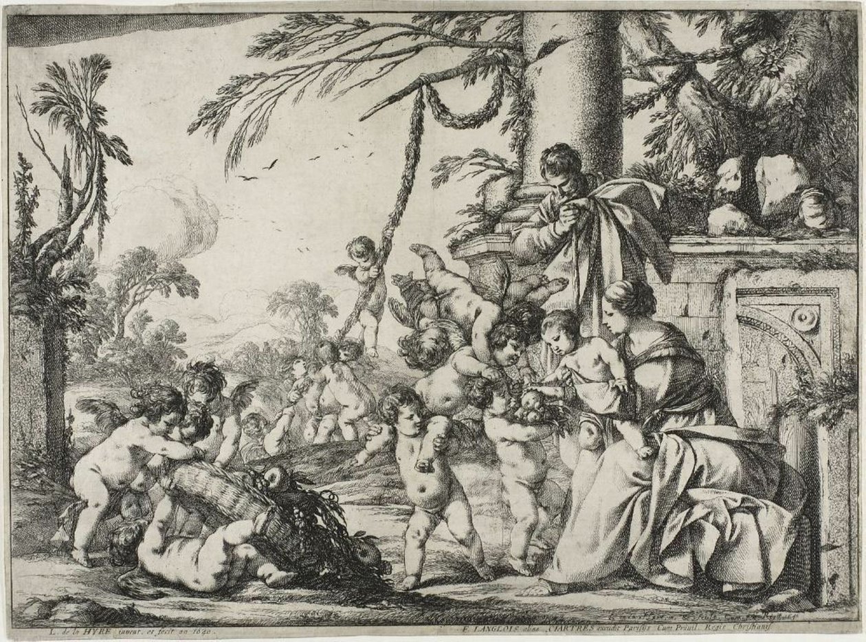 Den hellige familie med Putti av Laurent de la Hyre