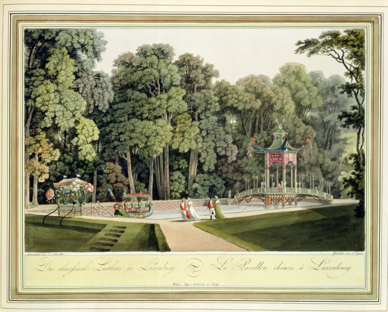 Den kinesiske paviljongen i Laxenburg-hagen, Wien, gravert av Johann Ziegler (ca. 1750-c. 1812) av Laurenz Janscha