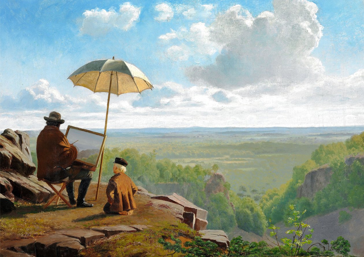 Tidlig morgen i Skäralid i Skåne, Sverige. Artisten jobber under en parasoll av Laurids Vilhelm Pacht