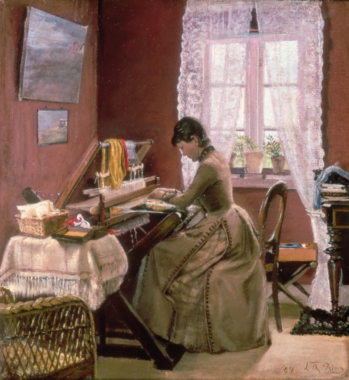 Johanne Wilde, kunstnerens kone, ved vevstolen hennes av Laurits Andersen Ring