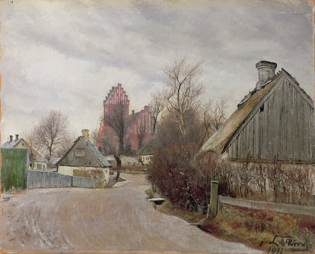 Gade i Hoje Taastrup (landsvei med hytter og høy kirke) 1911 av Laurits Andersen Ring