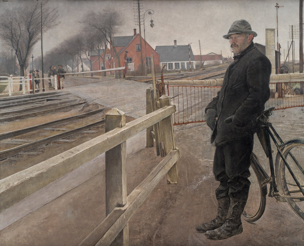 Venter på toget. Planovergang ved Roskilde motorvei, 1914. av Laurits Andersen Ring