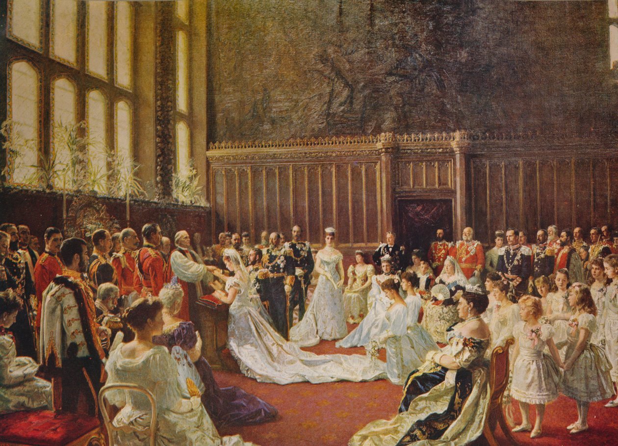 Ekteskapet til kong George V, 1894, c1915 av Laurits Regner Tuxen