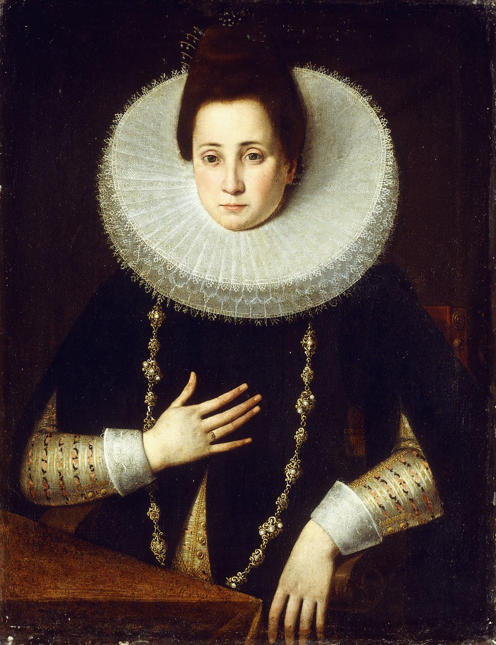 Portrett av en dame, sittende i halv lengde, iført et svart kostyme med hvit Ruff av Lavinia Fontana