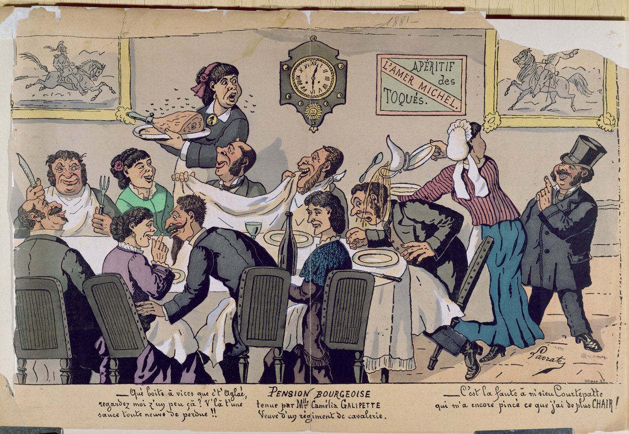 Middelklassepensjonat, karikatur, 1881 (fargegravering) av Lavrate