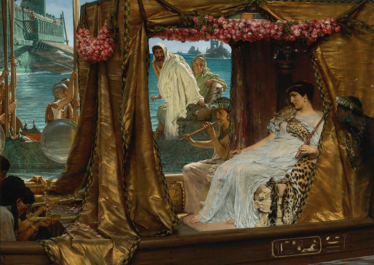Møtet mellom Antony og Cleopatra - Dronning av Egypt Cleopatra (79-30 f.Kr.) møter sin fremtidige elsker Marc Antoine (83-30 f.Kr.) sannsynligvis i Roma (Møtet mellom Antony og Cleopatra) - Maleri av Lawrence Alma - Tadema (1836- 1912) - 1885 - av Lawrence Alma Tadema