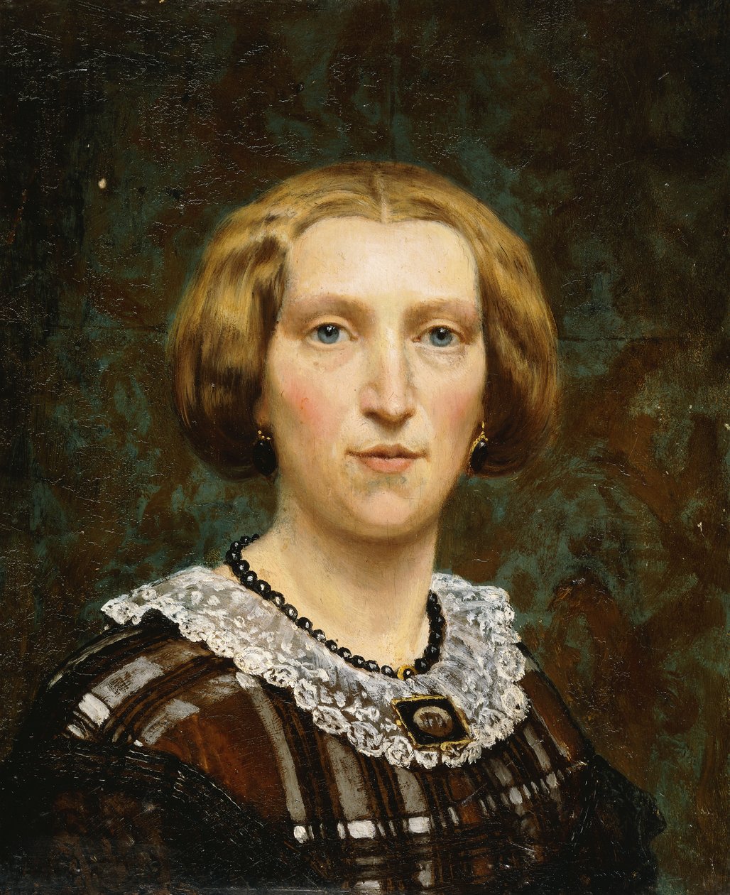 Portrett av Sientje Tadema, liten bystelengde, i brun og hvit kjole og svart sjal, 1860 av Lawrence Alma Tadema