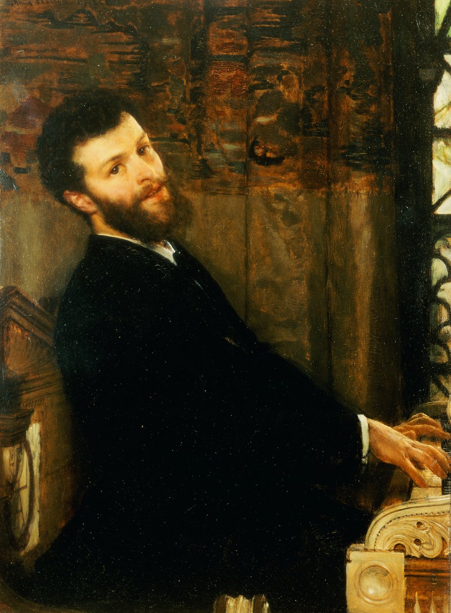 Portrett av sangeren George Henschel som spiller Alma-Tademas piano, Townshend House, 1879 av Lawrence Alma Tadema
