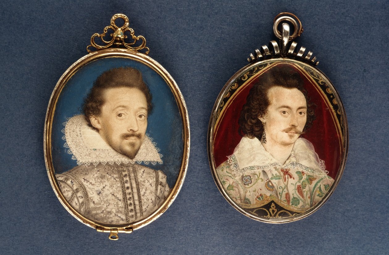 Til venstre: Portrett av en ung mann av Lawrence Hilliard, ca. 1620. Til høyre: Portrett av en ung mann av Nicholas Hilliard (1547-1619), ca. 1585 av Lawrence Hilliard