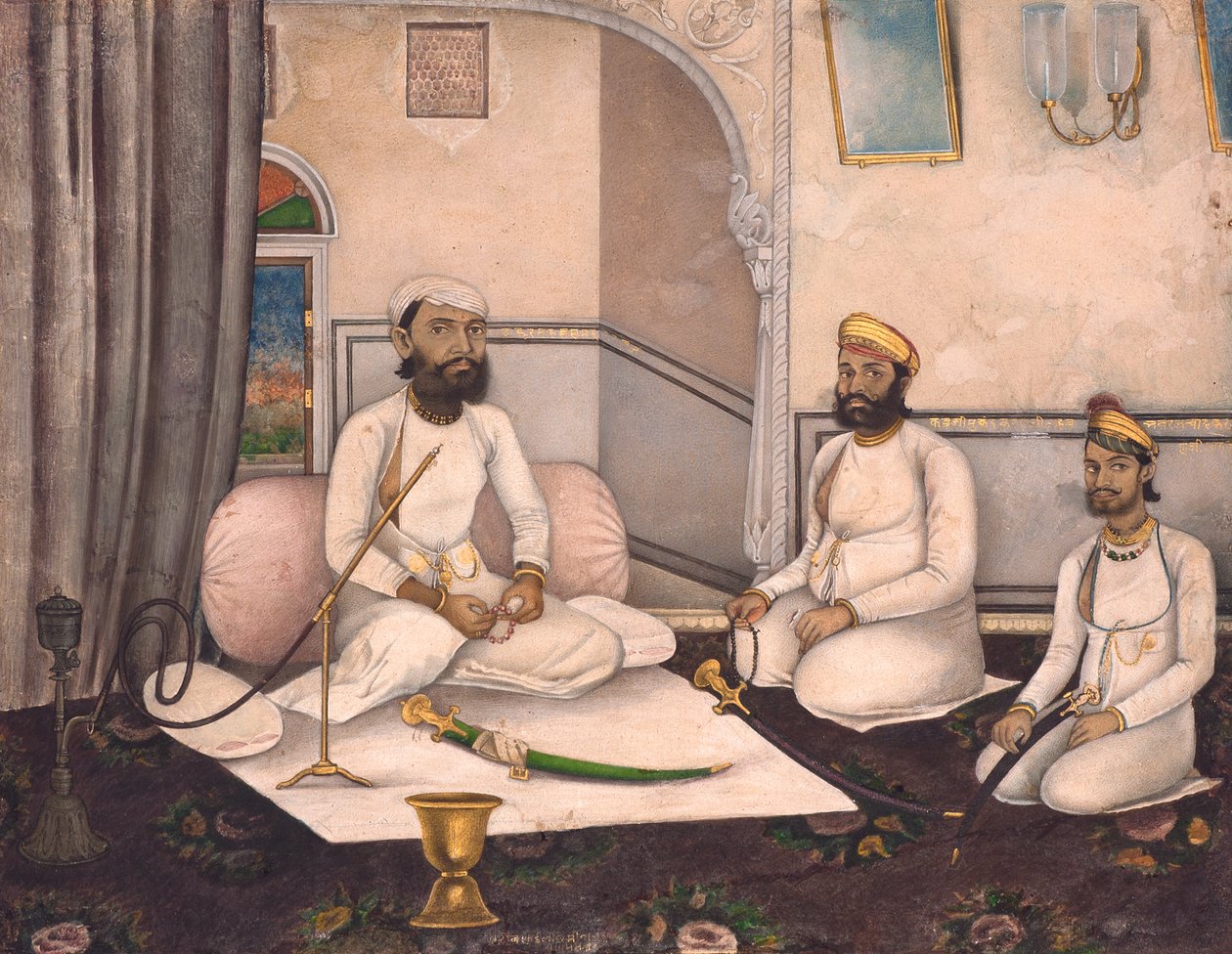 Thakur Sahab Samadr Karanji med Kabraji Mukandra Karanji Sahab og Bhao Raj Cha, ca. 1875 (ugjennomsiktig wc og gull på papir) av Laxmi Narayan
