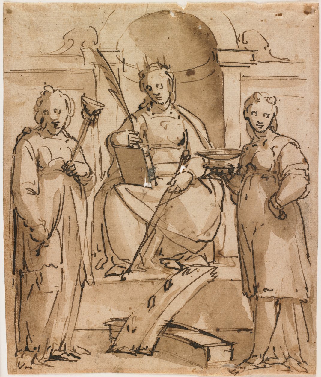 Saint Catherine Enthroned with Saint Lucy and Saint Agatha (penn og brunt blekk og vask) av Lazzaro Tavarone