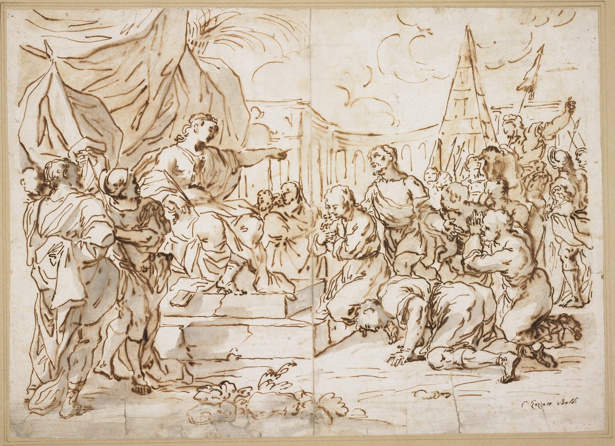 Joseph and His Brethren, 1. Mosebok 41 (penn, brunt blekk og blågrå vask over svart kritt på papir) av Lazzaro Baldi