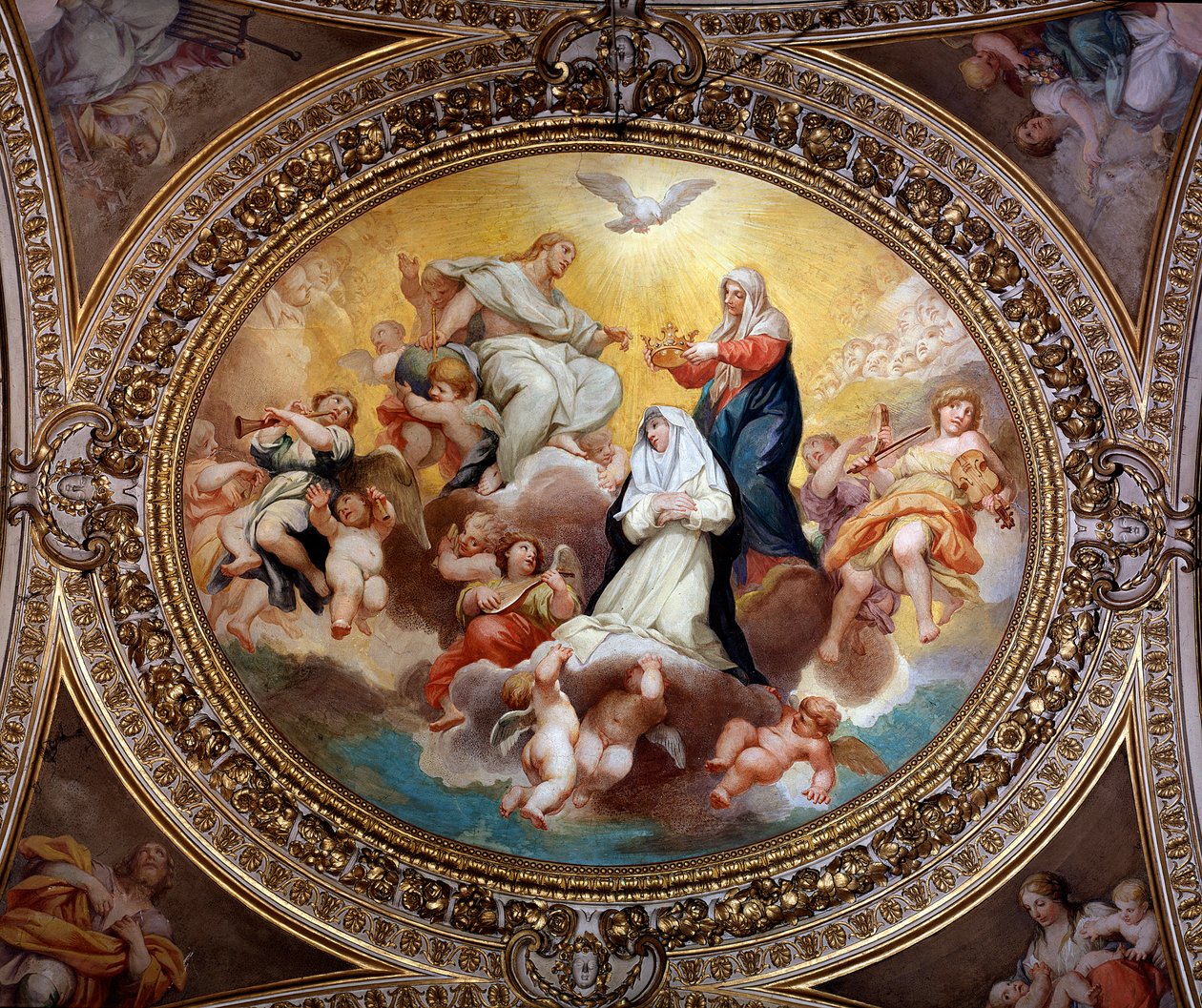 Den hellige jomfru som kroner St Rose of Lima med Jesus og Den Hellige Ånd (maleri av Lazzaro Baldi