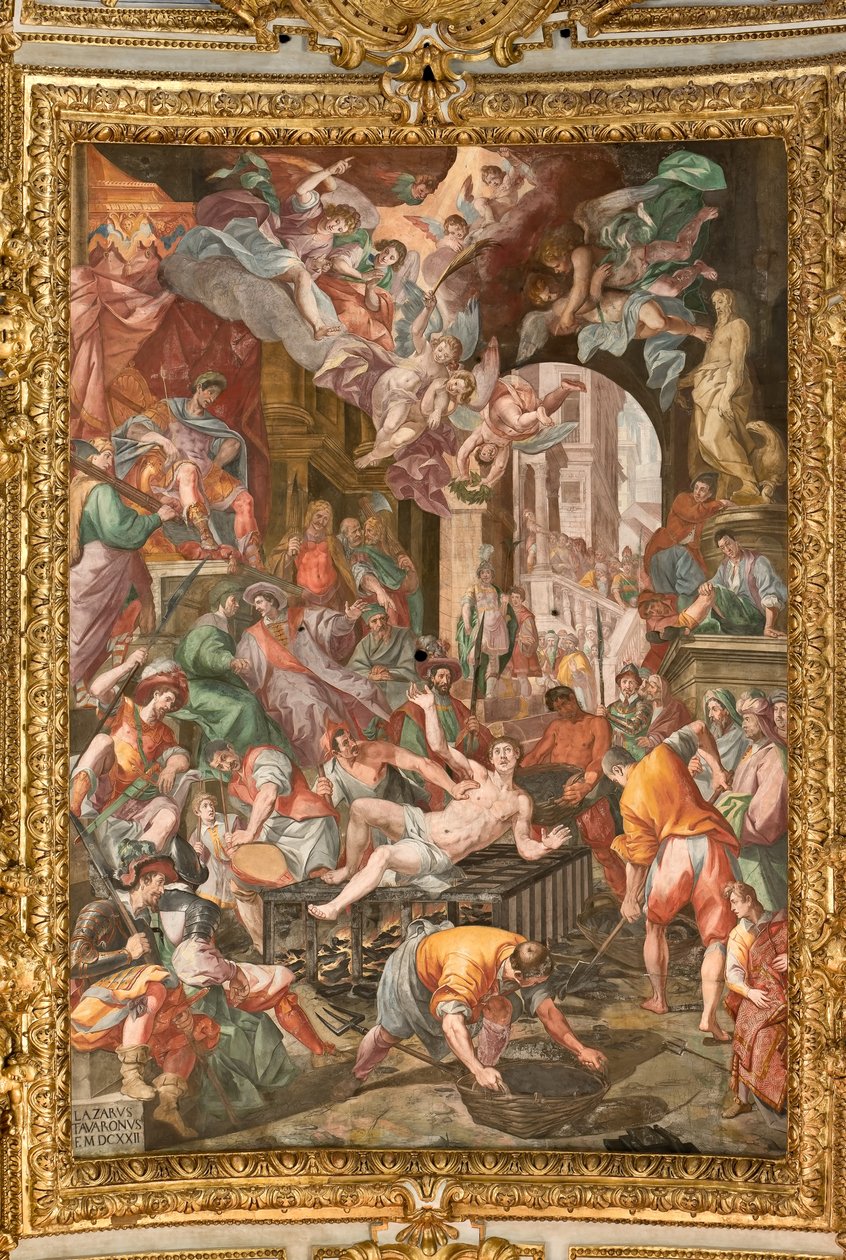 Genova, Duomo (St. Lawrence-katedralen), inne i prestehvelvet: "The Martyrdom of St Lawrence" av Lazzaro Tavarone
