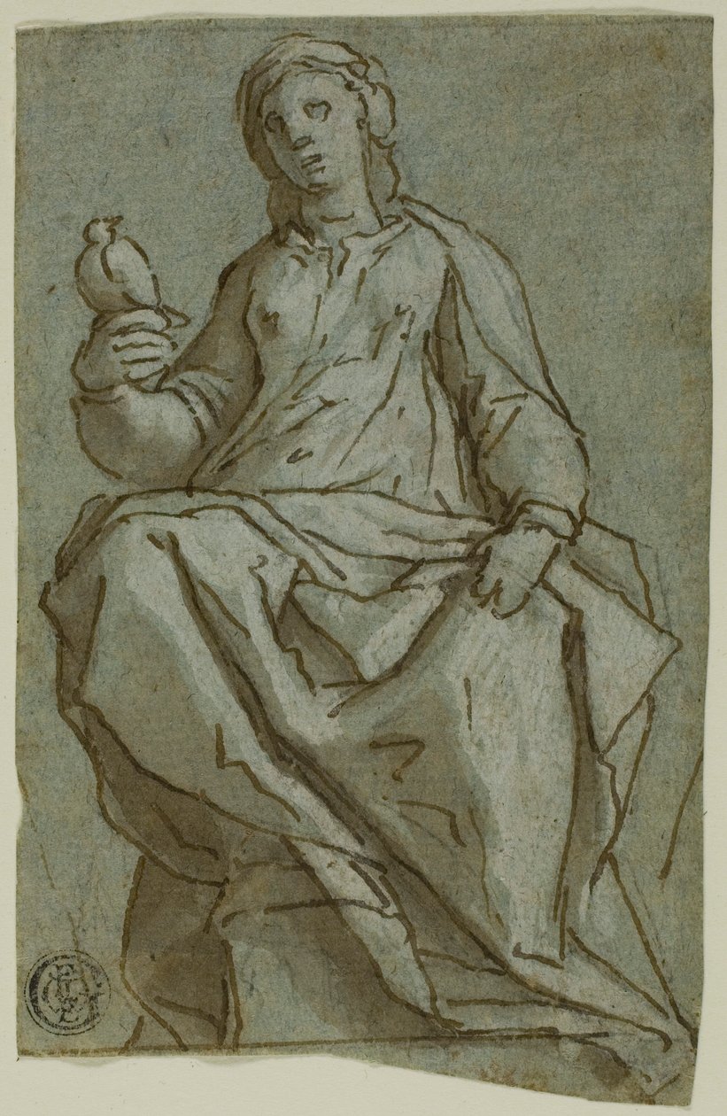 Sittende kvinnelig figur (Saint Scholastica?) Holder en due av Lazzaro Tavarone