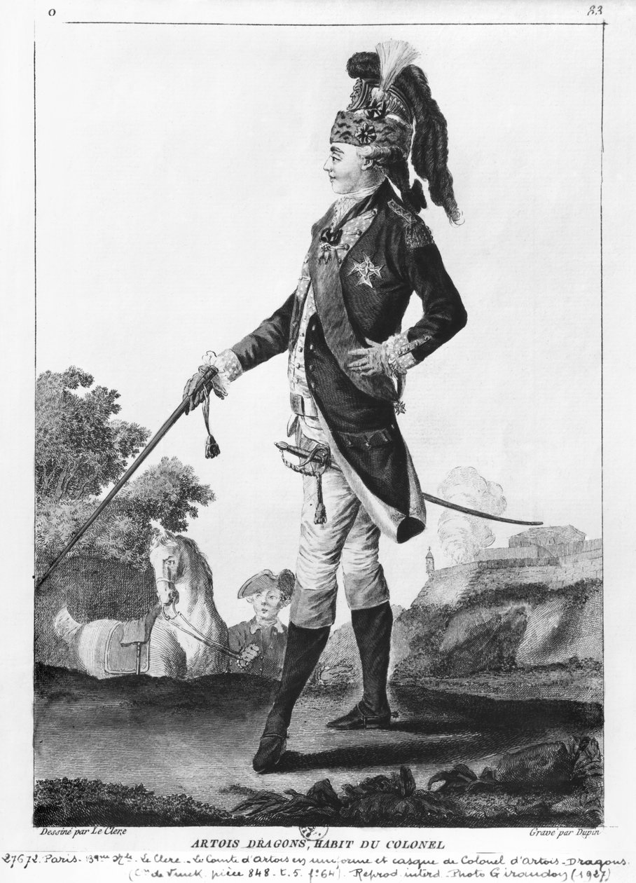 Charles av Frankrike (1757-1836) Greve av Artois, iført kofferten og uniformen til oberst av Artois-Dragons regiment, gravert av Dupin av Le Clere