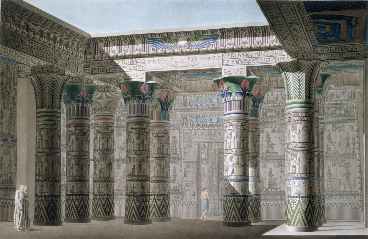 Interiørperspektivvisning fra portikken til Det store tempelet på øya Philae, plate 18, fra bind I av `Descriptions of Egypt`, gravert av Antoine Phelippeaux (f.1767) 1822 (akvatint) av Le Pere