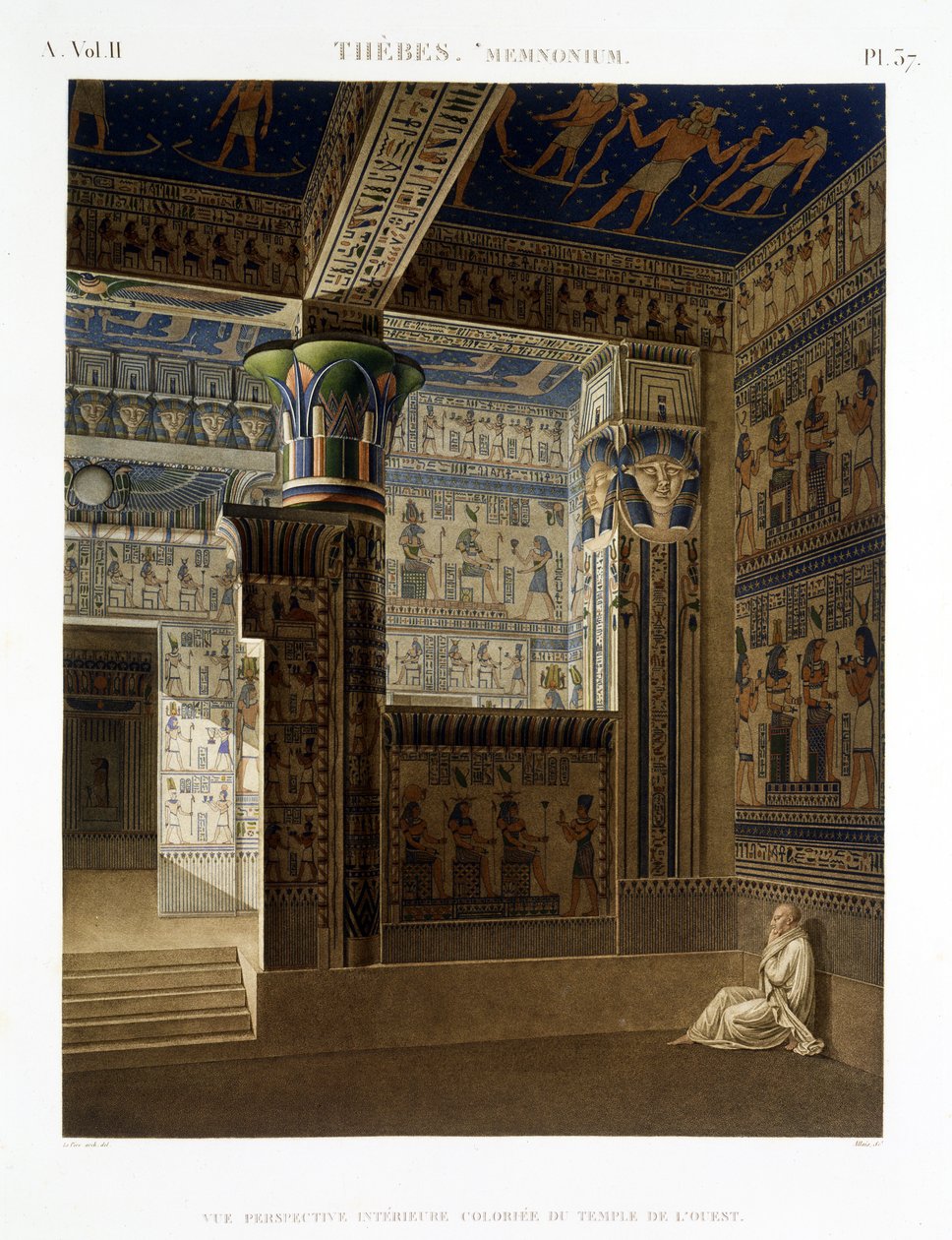 Innvendig visning av det vestlige tempelet til Memnonium, Theben, plate 37 fra bind II av `Descriptions of Egypt`, gravert av Allais, 1822 (akvatint) av Le Pere
