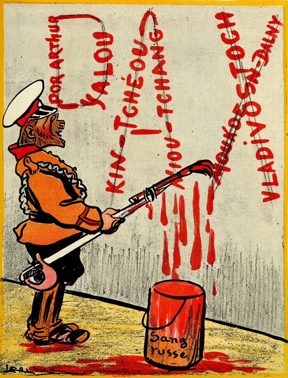 Russisk tsar som maler ordet Pax eller fred, som består av navnene på tapte kamper med russisk blod. 1904 (lito) av Leal de Camara