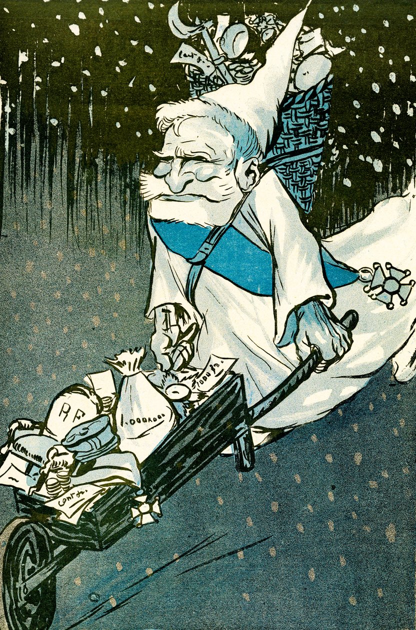 Julen for store barn - Frankrikes president Emile Loubet kledde seg ut som julenissen med en trillebår med gaver til de voksne. 1905. (litho) av Leal de Camara