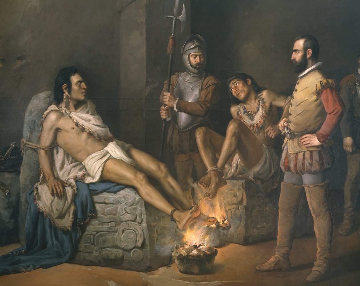 Tortur av Cuauhtemoc (1497-1525) 1893 (detalj) (olje på lerret) av Leandro Izaguirre