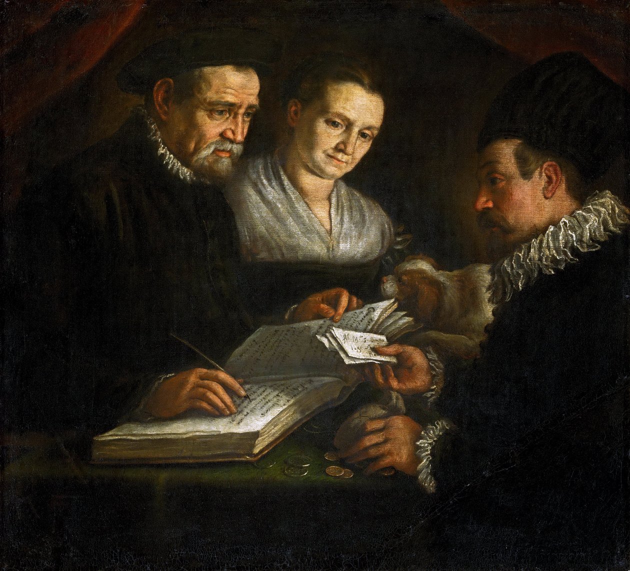 Pengeveksleren Orazio Lago, hans kone og en klient - Pengeveksleren Orazio Lago, hans kone og en klient - Leandro Bassano (1557-1622). Olje på lerret, ca. 1600. Mål: 93x101 cm. Kunsthistorisk museum, Wien av Leandro da Ponte Bassano