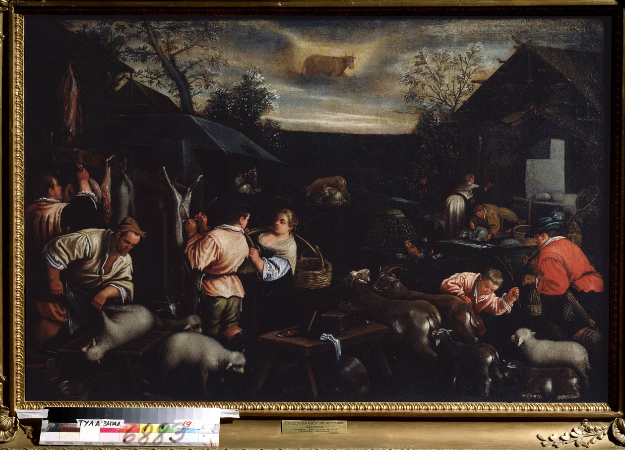 ""Aprilmåneden"" (april) Saueklipping. Taurus tegn symbol på himmelen. Maleri av Leandro Bassano da Ponte (1557-1622) 1595-1600 Mål 144x190 cm Statens kunstmuseum Tula Russland av Leandro da Ponte Bassano