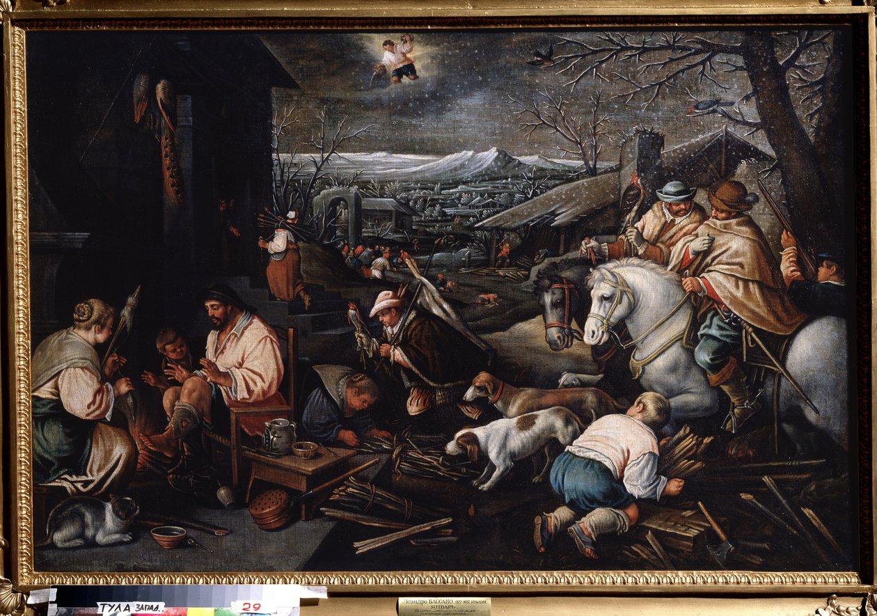 ""Januar måned"" (januar) Jegere, kvinner som spinner ull. Aquarius symbol på himmelen. Maleri av Leandro Bassano da Ponte (1557-1622) Mål 146 x 192 cm Statens kunstmuseum Tula Russland av Leandro da Ponte Bassano