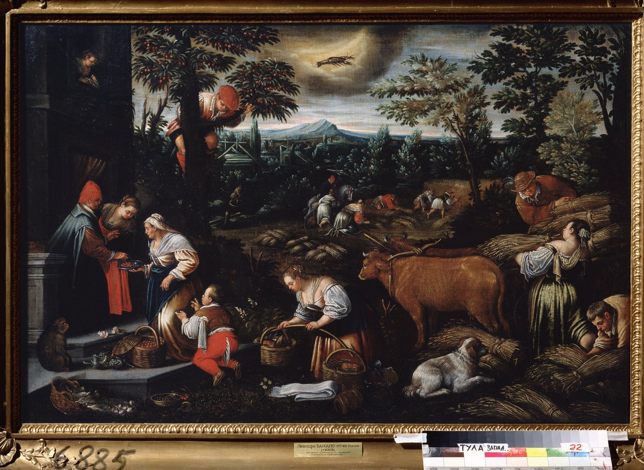 ""Juni måned"" (juni) Arbeid på gården, plukking av kirsebær og sanking av hvete. Kreft tegn symbol på himmelen. Maleri av Leandro Bassano da Ponte (1557-1622) 1595-1600 Statens kunstmuseum Tula Russland av Leandro da Ponte Bassano