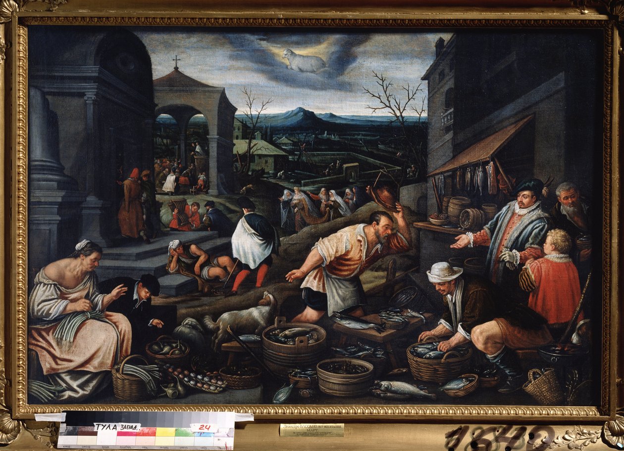 ""Mars måned"" (mars) Fiskemarked. Væren tegn symbol på himmelen. maleri av Leandro Bassano da Ponte (1557-1622) Mål 80x121 cm Statens kunstmuseum Tula Russland av Leandro da Ponte Bassano