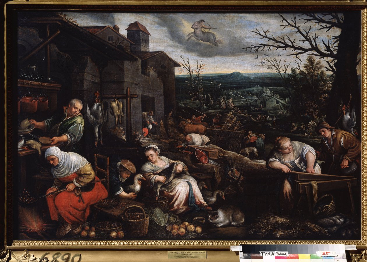 ""November måned"" (november) En kvinne steker kastanjer, en annen tar seg av å tilberede gjessene. Symbol på skyttens tegn på himmelen. Maleri av Leandro Bassano da Ponte (1557-1622) 1595-1600 Statens kunstmuseum Tula Russland av Leandro da Ponte Bassano