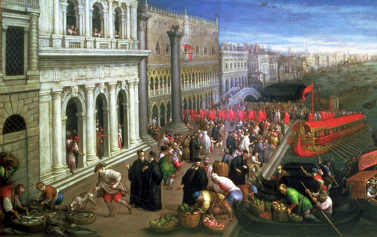 Riva degli Schiavoni, Venezia (olje på lerret) (detalj av 64549) av Leandro da Ponte Bassano