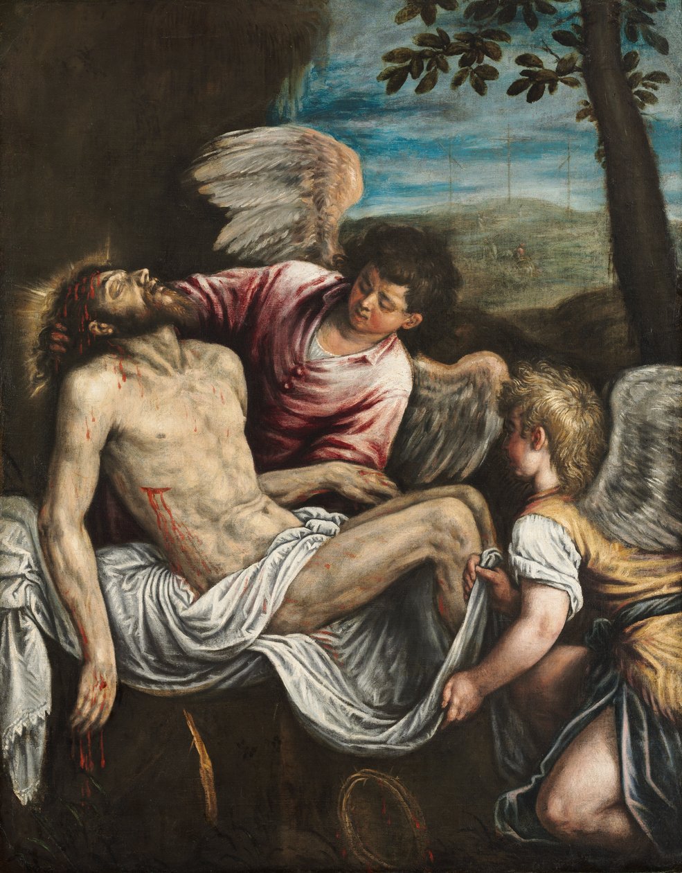 Den døde Kristus med engler, ca. 1580 (olje på lerret) av Leandro da Ponte Bassano