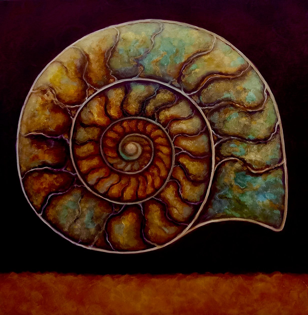Ammonite Gold and Burgundy, 2021 (olje på lerret) av Lee Campbell