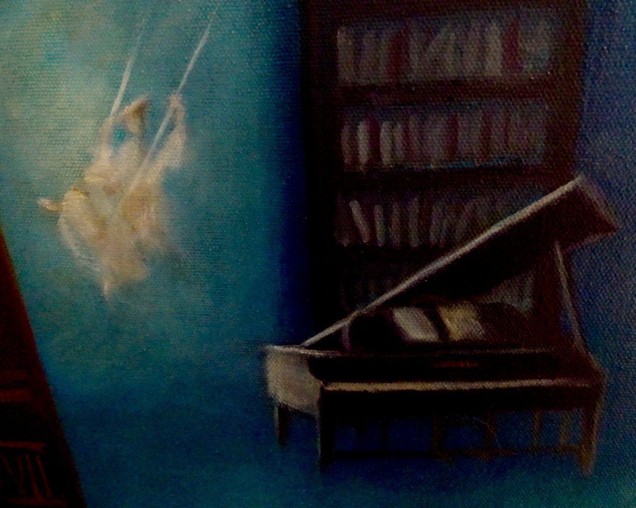 Detalj av Enchanted Library, 2024 (olje på lerret) av Lee Campbell