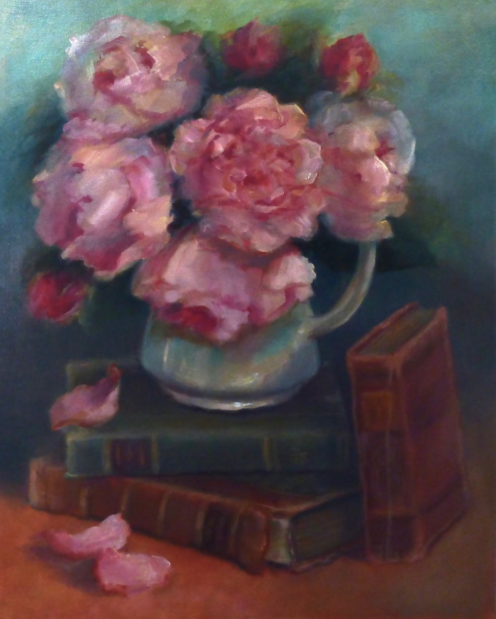 Peonies and Books, 2020 (olje på lerret) av Lee Campbell