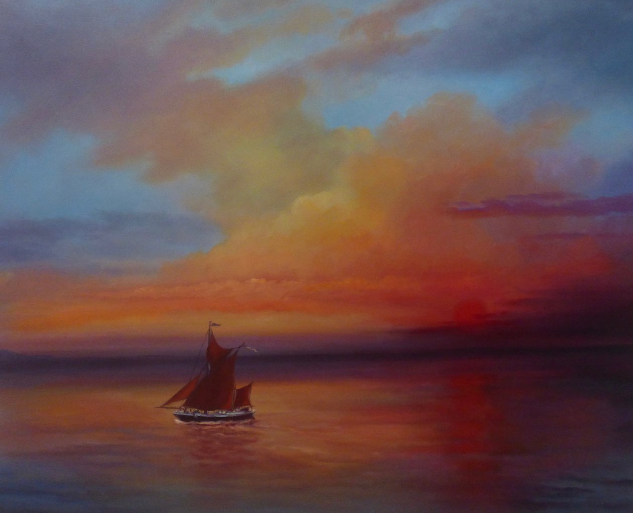 Red Sails - Thames Barge på fullt seil, 2022 (olje på lerret) av Lee Campbell