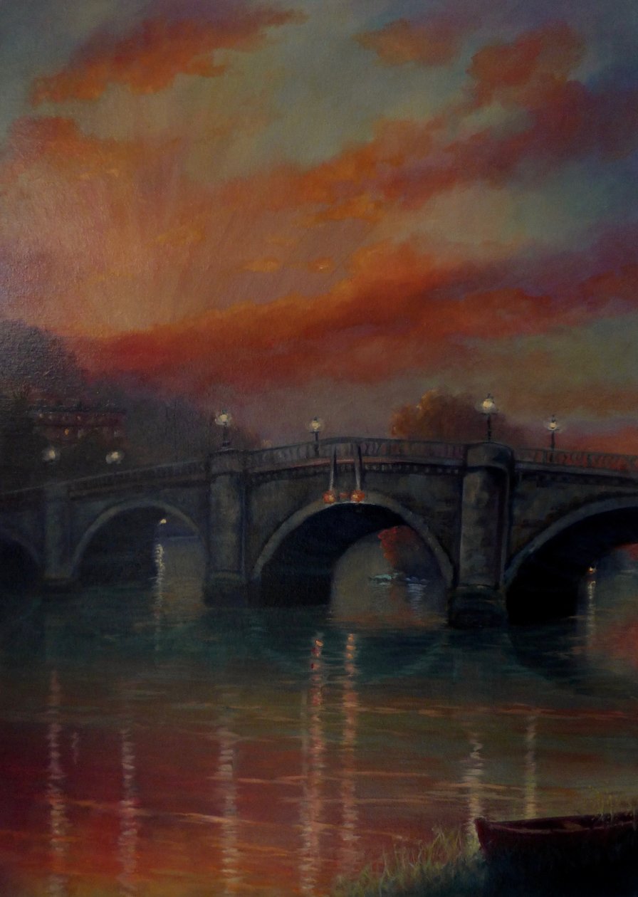 Solnedgang ved Richmond Bridge, 2022 (olje på lerret) av Lee Campbell