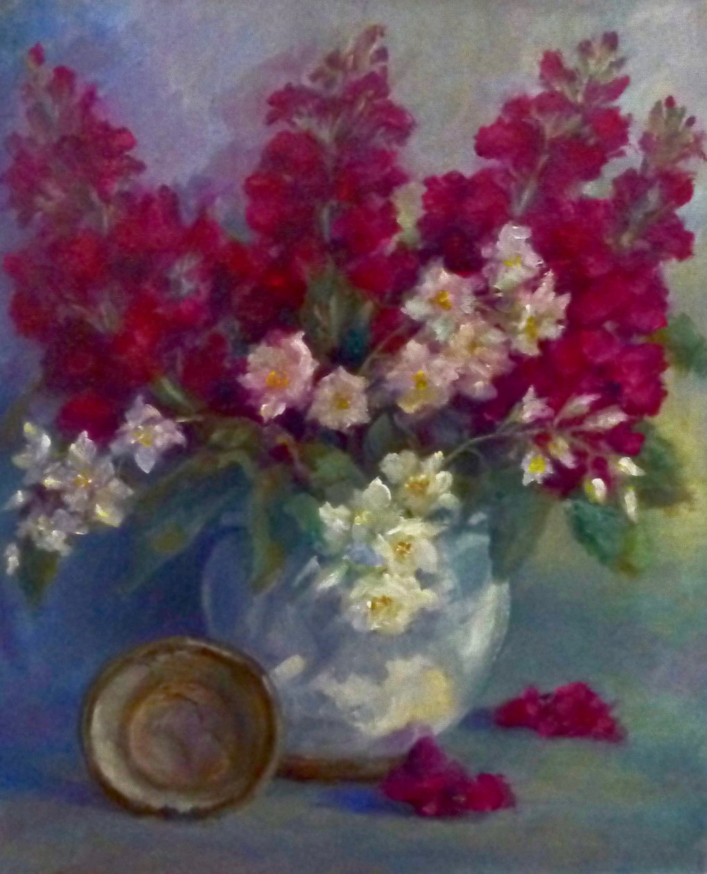 Aksjer og appelsinblomst; 2020; (olje på lerret) av Lee Campbell