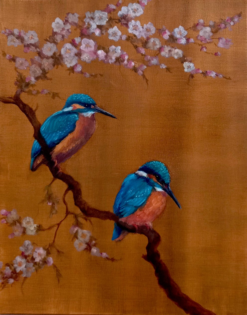 Two Kingfishers & Apple Blossom, 2021 (olje på lerret) av Lee Campbell
