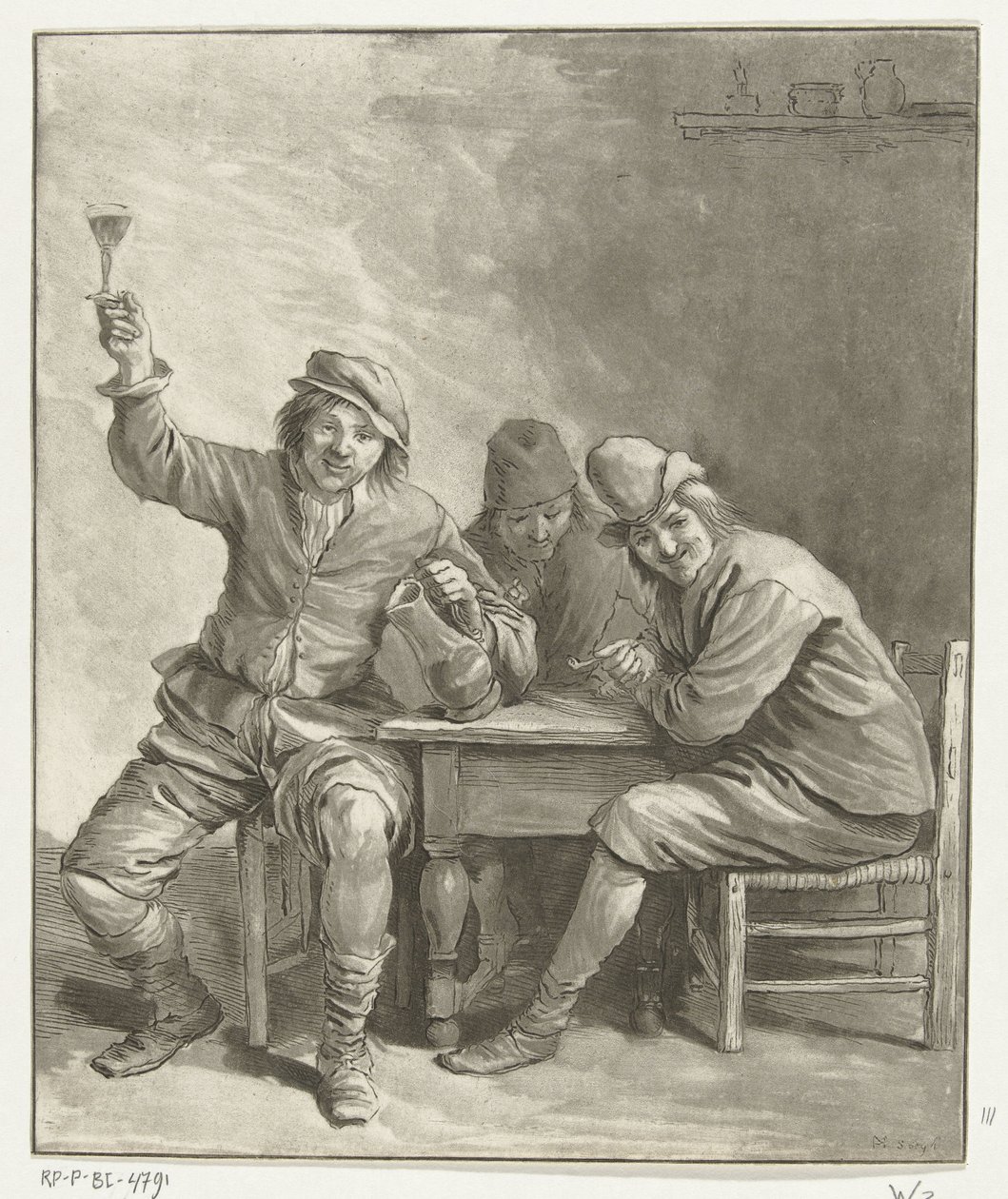 Tre menn ved bordet røyker og drikker av Leendert Brasser (signed by artist)