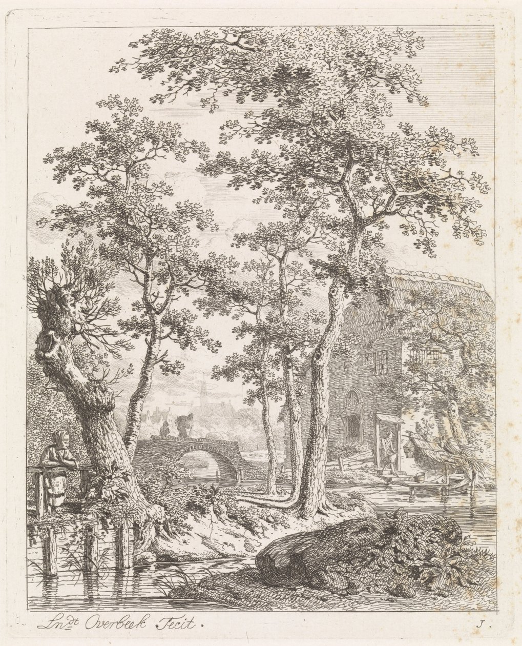 Gård på vannet Landskap med figurer (serietittel) av Leendert Overbeek