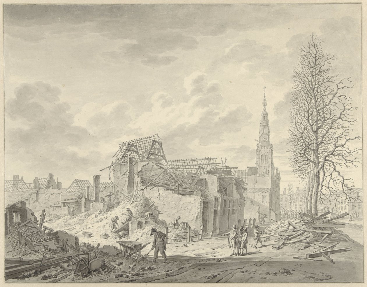 Utsikt over Rapenburg i Leiden etter kruttkatastrofen 12. januar 1807 av Leendert Overbeek